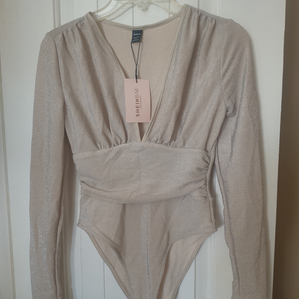 SHEIN Shimmering Beige V-Neck Top